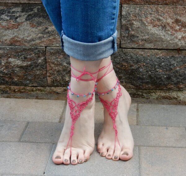 Barfuß Sandalen Pink mit Perlen