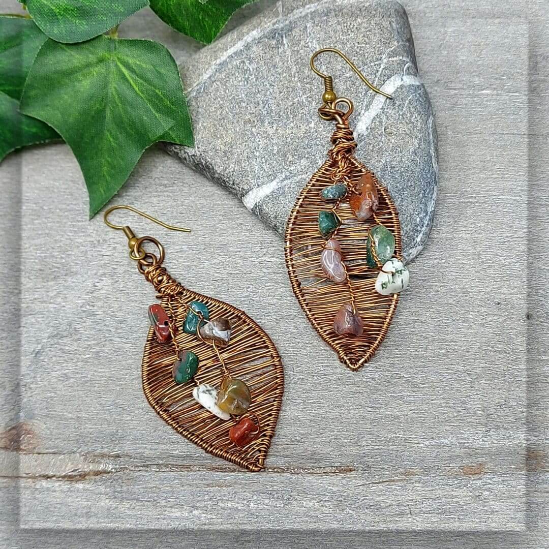 ohrringe ohrschmuck ohrhänger blätter antikbronze edelstein indian achat edelsteinschmuck